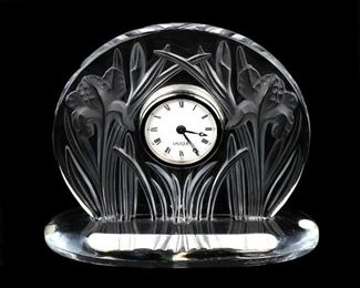 LALIQUE- Iris clock. Lalique, France art crystal desk clock, molded and frosted glass with irises in relief, battery operated.
approx 7"h, 8"w, 3.5"d