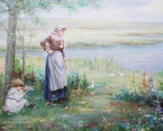 Richard Moore oil on canvas, women with child with ducks
Richard Moore, he started his painting at a young age, having inherited his artistic talents from his father who was an illustrator and artist. He has developed a unique style of impressionism. His natural settings are soft and serene, yet they are alive with his imaginative use of color. He has developed a good following of admires and collectors.
SIZE: 97x82 cm