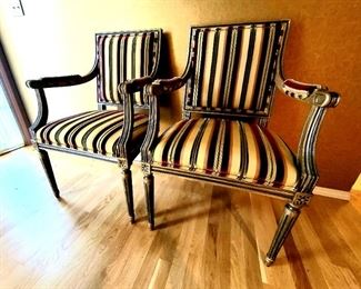 pair striped velvet NeoClassical arm chairs