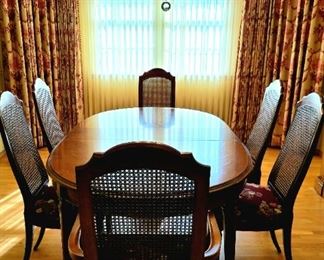 NeoClassical dining set with custom upholstered caned-back chairs,  skirted leaves and full table pad!