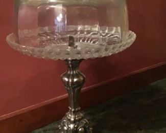 Silverplate and cut glass cake stand 