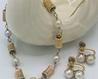 Antique Gold and Pearl Bracelet and Earrings