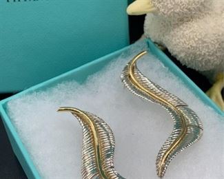 Tiffany and Co Sterling and 18 Karat Gold Feather Earrings