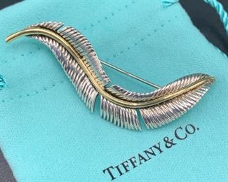 Tiffany and Co Sterling and 18k Gold Feather Brooch Pin