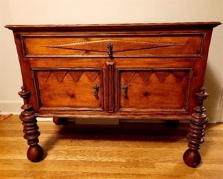 19th century reproduction Dressing Table. Sits low to the floor with turned posts inspired by lofty temple spires rising unimpeded in the skies of Bangkok.  Antique brown pine finish.