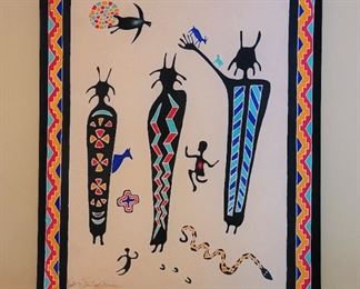 "The Animal Caller" painted on silk by Northwest native Anne Anderson.  "I believe the rock drawings created by man are sophisticated beyond comprehension. The figures are shrouded in myth and contain evocative powers. The mysticism I feel when viewing these timeless markings moves me to portray them to man today."