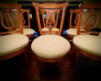set of 6 antique lyre-back custom upholstered dining chairs