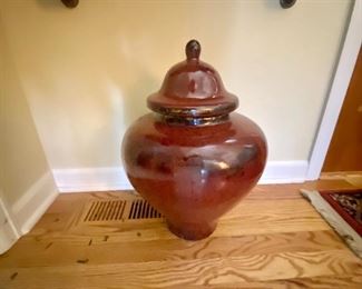 (Hall-15) $40  Large red ceramic vase/urn with lid.  20in tall x 14in wide.  