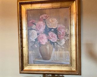 (HALL-2) $50 Oil on canvas floral painting.  27in x 33in.  Gold frame.