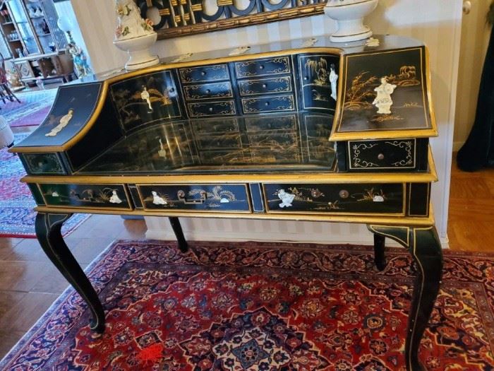 Oriental Black Lacquer Writing Desk with Mother of Pearl Inlay