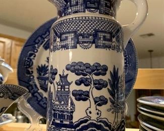 $55~ UNUSUAL BLUE WILLOW PITCHER 