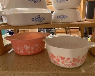 $75 ~ OBO VINTAGE PYREX PAIR OF PINK GOOSEBERRY CASSEROLE DISHES  2 1/2QT AND 1 1/2QT
