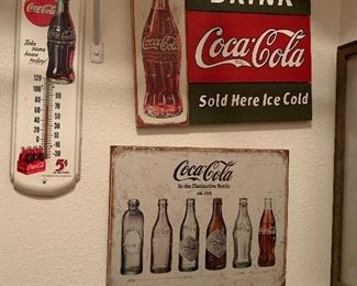 $32~ COCA COLA " TAKE SOME HOME TODAY" METAL THERMOMETER .05CENTS IN BOTTLES COKE   $12~ COCA ~COLA { REPRODUCTION} IN THE DISTINCTIVE BOTTLE TIN SIGN  $18 ~ DRINK COCA~ COLA SOLD HERE ICE COLD 