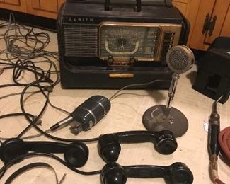 here is the ALTEC 670A ribbed microphone w/ cable, the ASTATIC microphone, the ZENITH Trans Oceanic Wave Magnet radio and various hand sets