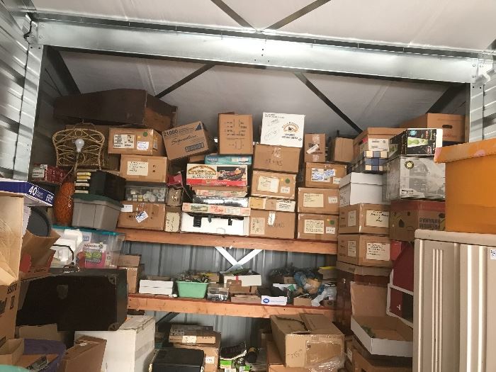 Here are ‘some’ of the many train boxes currently waiting to be unpacked and properly displayed for YOU!! We went from 6 storage units to the Masonic Temple and organized the units to,,,,