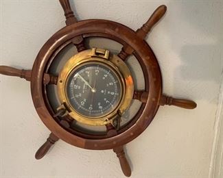 Heavy large Art Martin brass and wood “ship” clock 