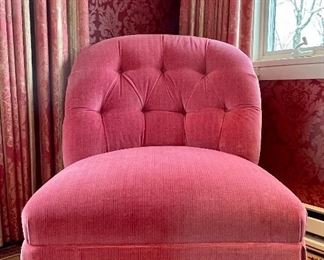 Item 167: Plush Pink Velvet Tufted Slipper Chair - 39"l x 19"w x 34"h: $450