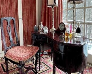 Item 146: Kidney Shaped Vanity and Chair: $225 Vanity - 52"l x 21"w x 29" Chair - 18.5"l x 15.75"w x 42"h