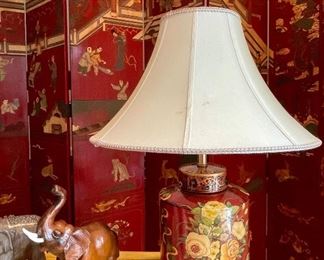 Item 29: Frederick Cooper Ceramic Lamp, Red with Yellow Roses - 29.5": $145