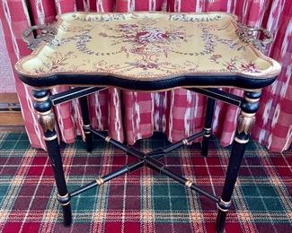 Item 200: Beautiful Tray Table with Painted Ceramic Top and Brass Handles - 24.5"l x 17.5"w x 23"h: $195