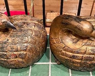 Item 105: (2) Very Heavy Carved and Painted Wood Birds - 20" x 18": $150 for pair