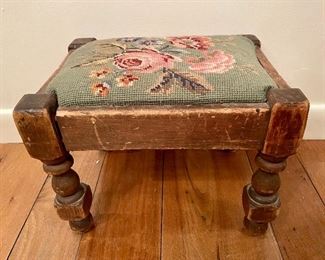 Item 68: Antique needlepoint stool - 13"l x 10"w x 9.5"h: $32