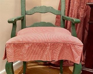 Item 122: (2) Caned Armchairs with Gingham Check Cusions - 21.5"l x 18.5"w x 44"h: $175 for pair
