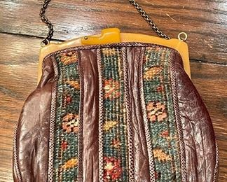 Item 262: Vintage Leather and Needlepoint Purse with Celluloid Closure : $35