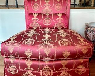 Item 42: Pink and Ivory Satin Upholstered Slipper Chair (fabric is faded) - 33"l x 25"w x 40.5"h: $350