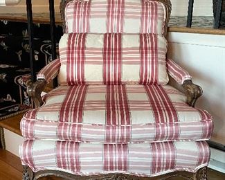Item 43: French Country Plaid Upholstered Arm Chair (fabric is faded) - 28"l x 21.5"w x 38.25"h: $325