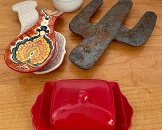 Item 166: Lot of 2 Spoon Rests, Trivet, Butter Dish and Salt Keeper: $22