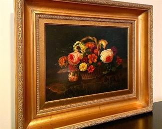 Item 53: Oil on Board Still Life of Flower Basket - Signed L. (Lawrence) Backer - 24.25" x 20.25": $345