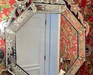 Item 95: Octagonal Venetian mirror with hand-etched glass, trimmed with glass rosettes - 27.5" x 31": $395