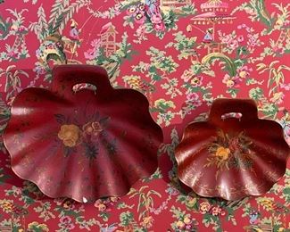 Item 224: Vintage Painted Scallop Shell Wall Toleware Decor - some condition issues: $14 for both Largest - 15.5" x 14"