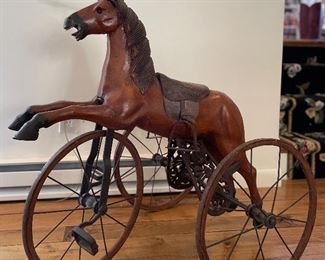 Item 239: Vintage Wooden Horse Tricycle Metal Frame, Leather Saddle (missing tail) - 32" x 33.5": $145