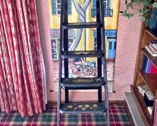 Item 185: Really cool folk art piece - vintage ladder, hand painted - 18.25" x 65": $125