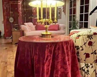 Item 287: Glass Top Table with Old World Weaver Fabric - 30.25" x 27.5":