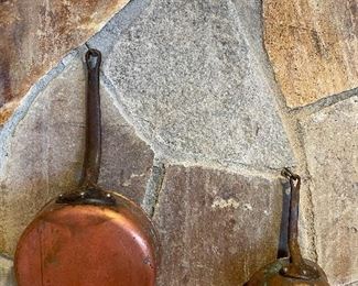 Item 307: Bourgeat Vintage Copper Pans from France: a. (left) #20 Saute/Fry with cast iron handle - 8.25": $125 b. (right) #12 Saute Pan with cast iron handle - 5": $125