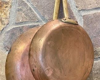 Item 305: Vintage Crate and Barrel Copper Pans, Brass Handles and Stainless Steel Interior, Made in France - Mauviel: a. large - 12.5": $65 b. small - 10.5": $55