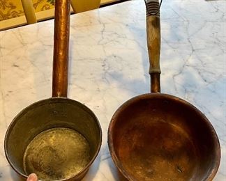 Item 308: (left) Vintage Copper Saute Pan (6 3/4") with Long Hollow Handle (9 3/4"): $65 Item 309: (right) Vintage Solid Copper Pan with (10") Handle: $28 (SOLD)