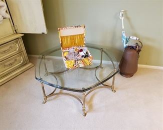 Labarge  glass and brass hoof foot coffee table