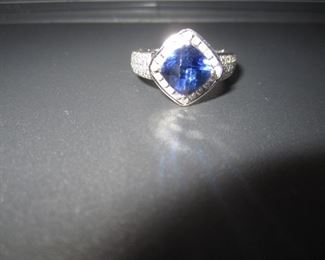 1 14 KT WHITE GOLD WITH CHECKERBOARD CUSHION CUT GENUINE TANZANITE AND DIAMOND RING