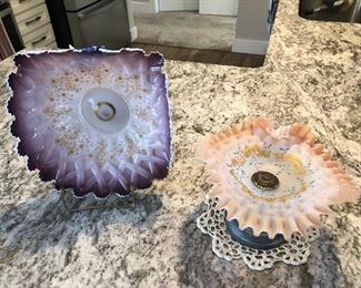 Amethyst bowl Thomas Webb. Peach bridal basket Ludwig Moser.