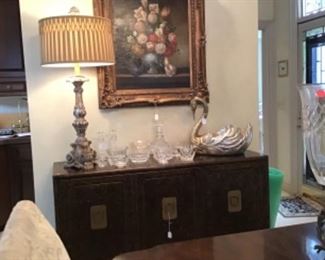 Large Silver Leaf Table Lamp by John Richard, Brass and Silver Leaf Swan by Chapman and various crystal