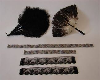 Vintage 1920s feather hand fans and 2 sets of either belt and choker