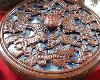 Carved Wood and Glass Topped Lazy Susan