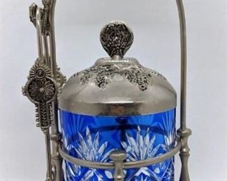 241 - Silver Plated w/ Cobalt Blue Glass Pickle Caster 11" tall