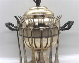 244 - Silver Plated Pickle Caster w/ Plated & Sterling Silver Forks - 10" tall