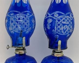 247 - Pair of Cobalt Blue Cut Glass Oil Lamps 12 1/2 " tall