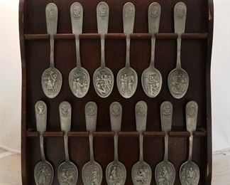 267 - Founding Fathers Pewter Spoon Set w/ Holder 13 x 16 1/2
